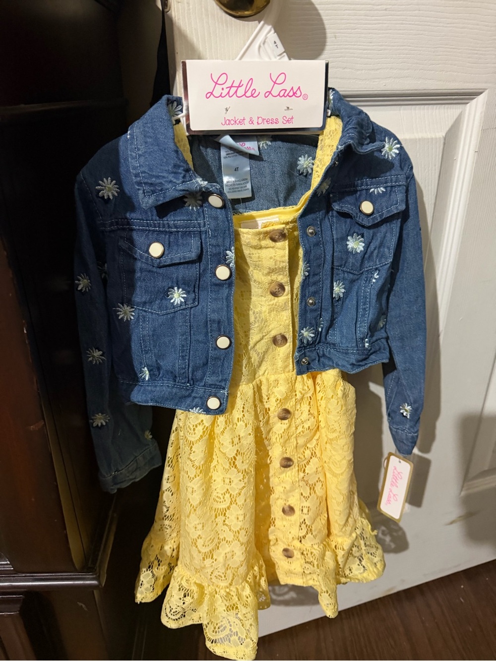 Little Lass Yellow Lace Dress with Blue Embroidered Denim Jacket